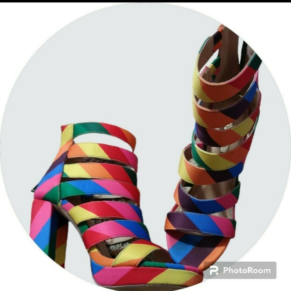 Womens rainbow striped platform heels